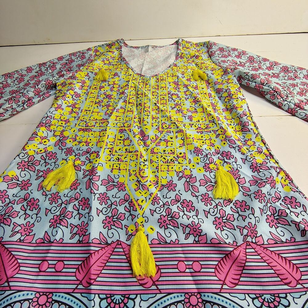 Mislook Tunic Boho Vibrant Eclectri Floral Tassels Fringe Pink Coastal Fairy Cow - Picture 10 of 11